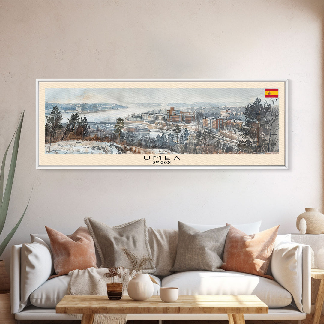 Ume Sweden Panoramic Travel Poster, Framed Canvas Print or Metal Wall Art, Travel Art, Home Decor, Panoramic Painting, Midcentury Art