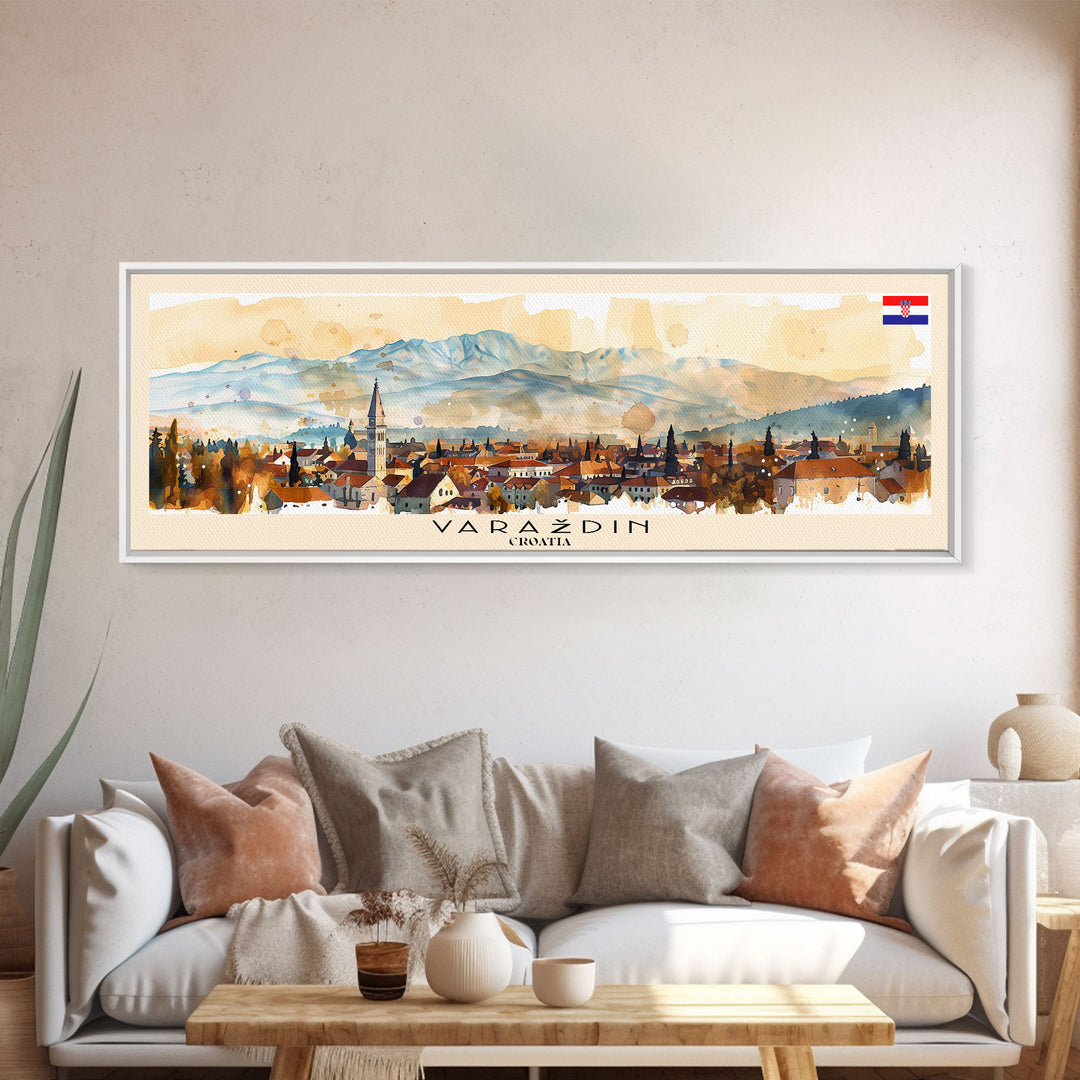 Varadin Croatia Panoramic Travel Poster, Framed Canvas Print or Metal Wall Art, Travel Art, Home Decor, Panoramic Painting, Midcentury Art