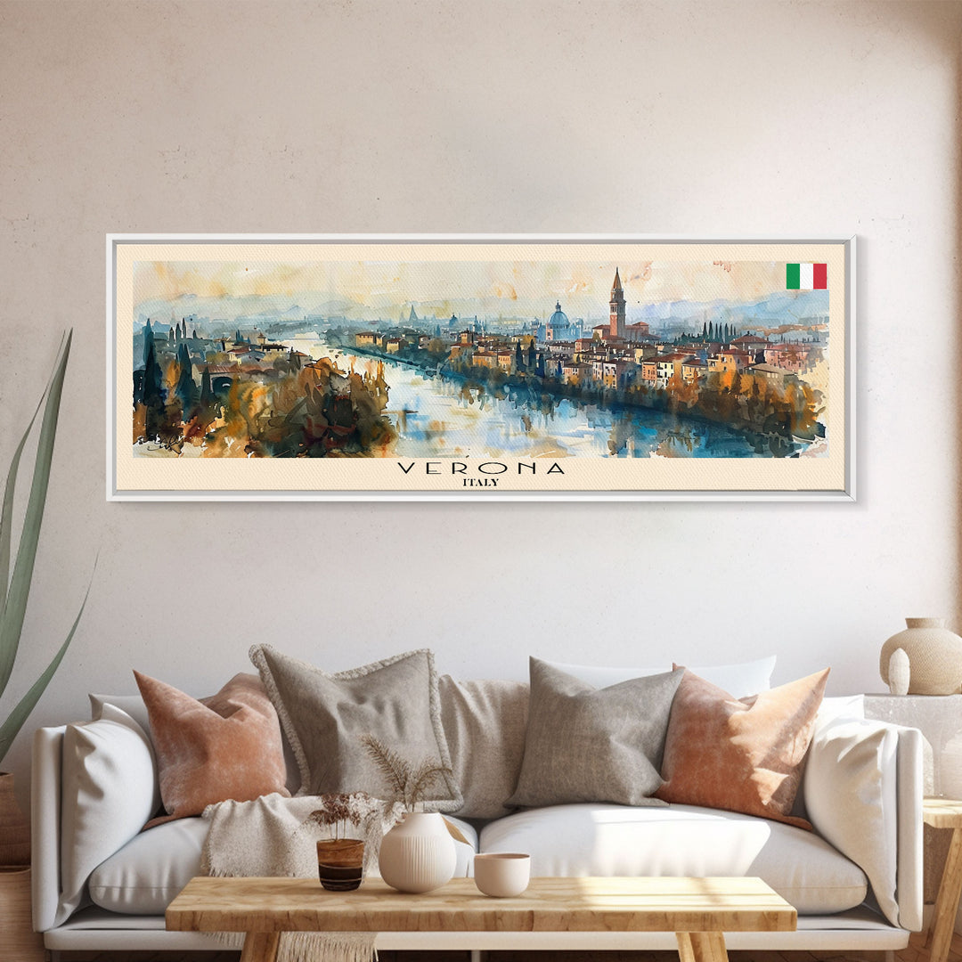 Verona Italy Travel Art, City Art, Framed Canvas Print or Metal Wall Art, Europe Travel Poster, Panoramic Wall Art, Extra Wide Wall Art