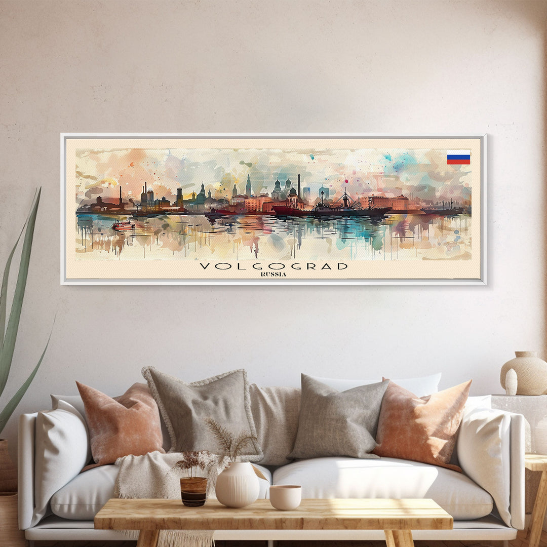 Volgograd Russia Panoramic Travel Poster, Framed Canvas Print or Metal Wall Art, Travel Art, Home Decor, Panoramic Painting, Midcentury Art