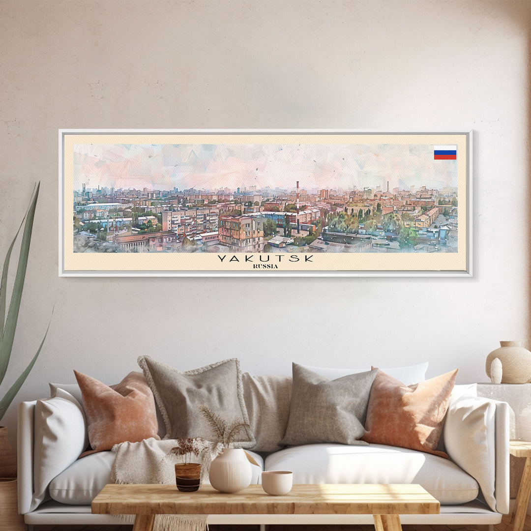 Yakutsk Russia Panoramic Travel Poster, Framed Canvas Print or Metal Wall Art, Travel Art, Home Decor, Panoramic Painting, Midcentury Art