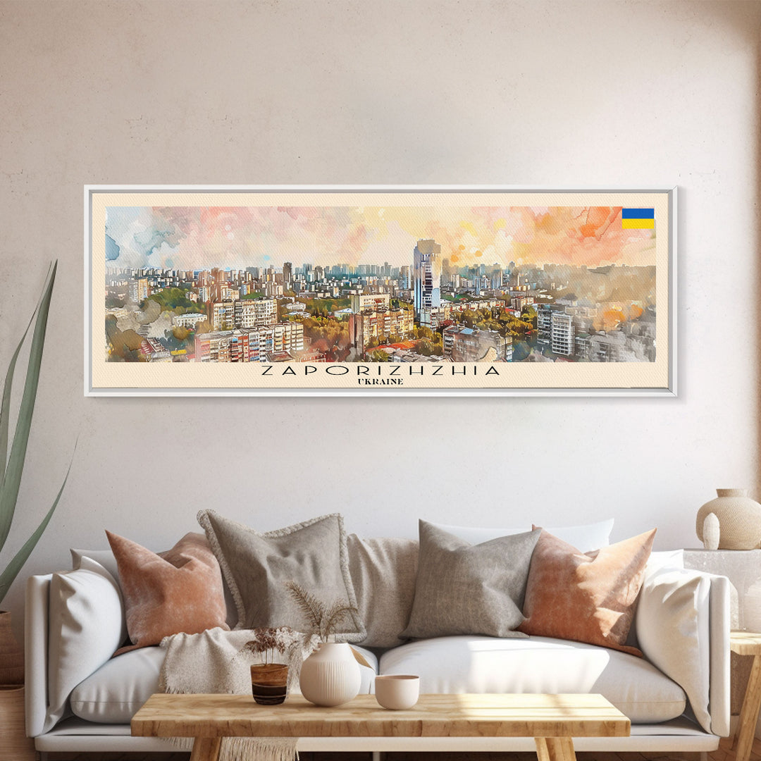 Zaporizhzhia Ukraine Panoramic Travel Poster, Framed Canvas Print or Metal Wall Art, Travel Art, Home Decor, Panoramic Painting, Midcentury Art