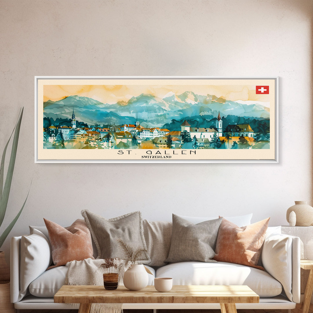 St. Gallen Switzerland Panoramic Travel Poster, Framed Canvas Print or Metal Wall Art, Travel Art, Home Decor, Panoramic Painting, Midcentury Art