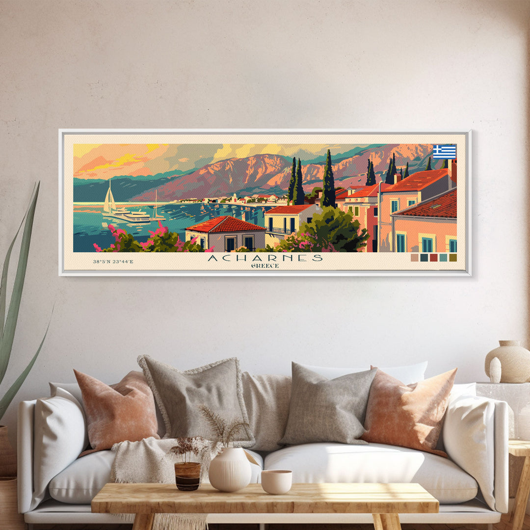 Acharnes Greece Travel Print Wall Art, Panoramic City Art, Travel Art, Wall Decor, Vacation Gift, Framed Canvas Print Or Metal Art