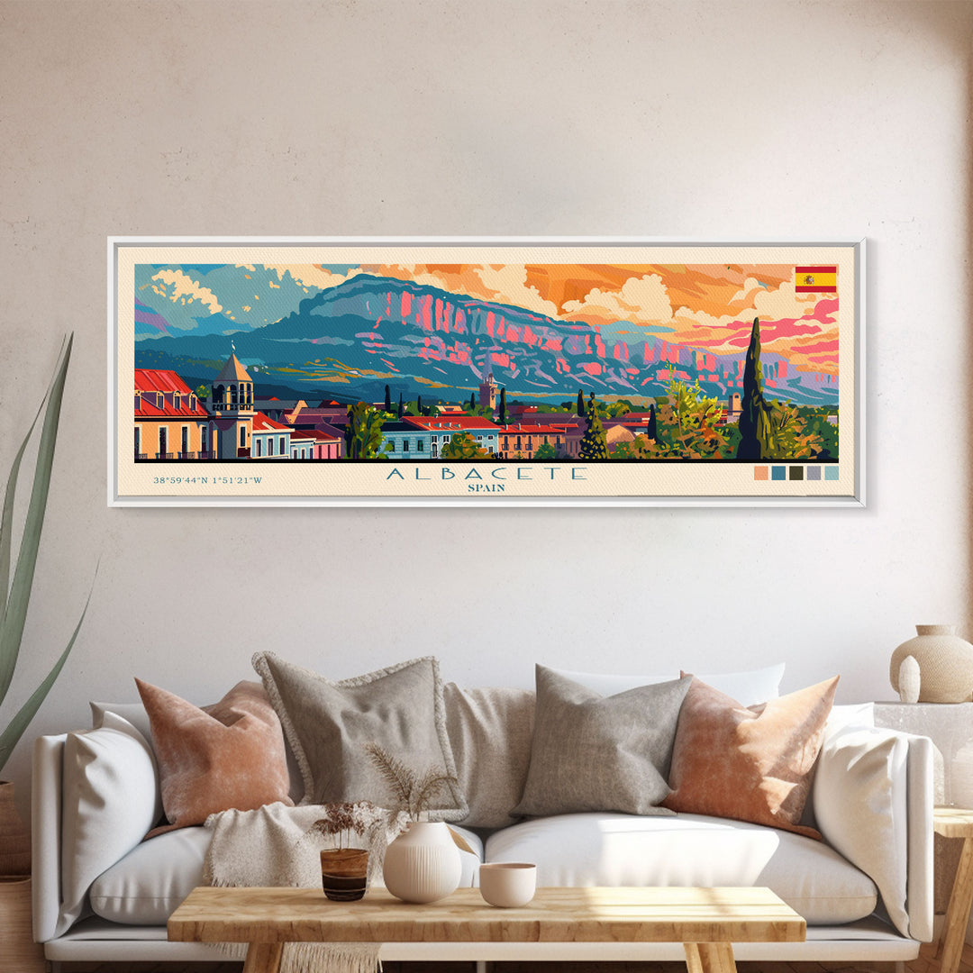 Albacete Spain Travel Print Wall Art, Panoramic City Art, Travel Art, Wall Decor, Vacation Gift, Framed Canvas Print Or Metal Art