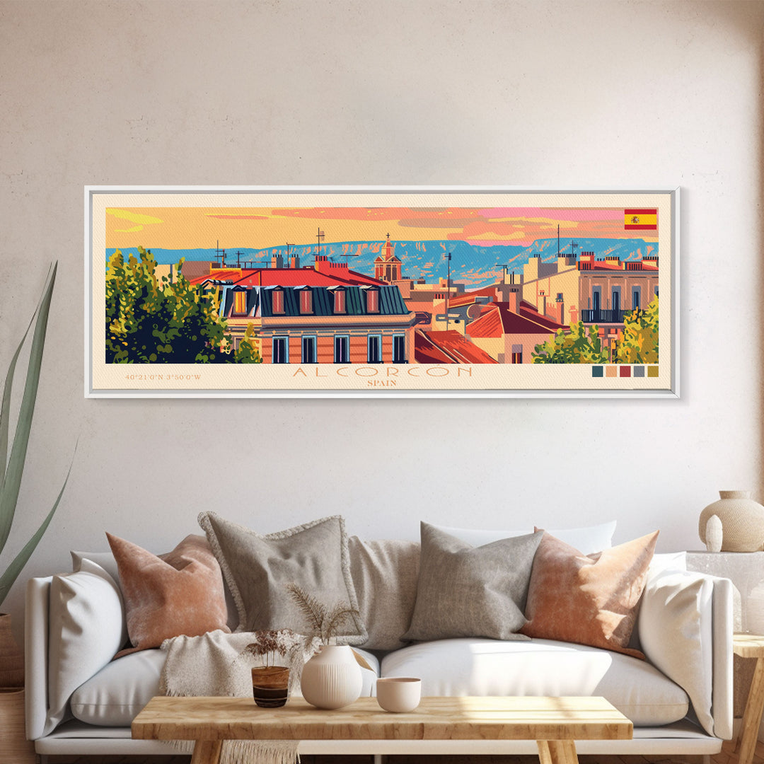 Alcorcón Spain Panoramic Travel Poster, Framed Canvas Print or Metal Wall Art, Travel Art, Home Decor, Panoramic Painting, Midcentury Art