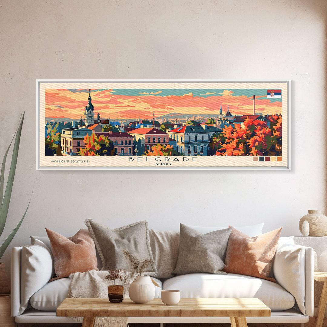 Belgrade Serbia Panoramic Travel Poster, Framed Canvas Print or Metal Wall Art, Travel Art, Home Decor, Panoramic Painting, Midcentury Art