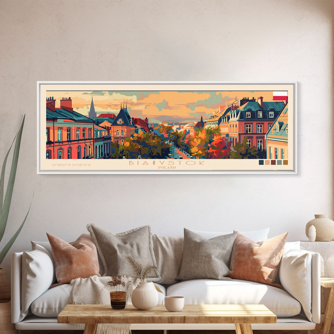 Bialystok Poland Panoramic Travel Poster, Framed Canvas Print or Metal Wall Art, Travel Art, Home Decor, Panoramic Painting, Midcentury Art