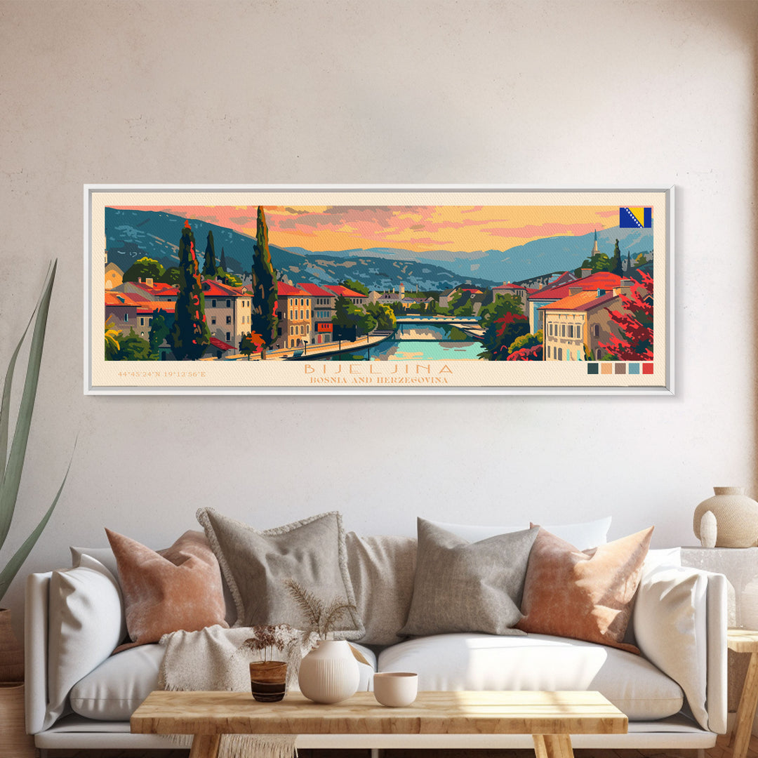 Bijeljina Bosnia Panoramic Travel Poster, Framed Canvas Print or Metal Wall Art, Travel Art, Home Decor, Panoramic Painting, Midcentury Art