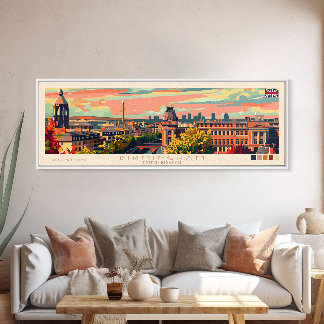 Birmingham United Kingdom Travel Print Wall Art, Panoramic City Art, Travel Art, Wall Decor, Vacation Gift, Framed Canvas Print Or Metal Art