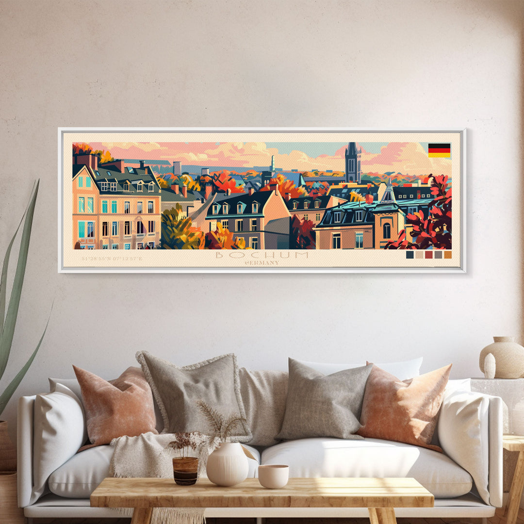 Bochum Germany Panoramic Travel Poster, Framed Canvas Print or Metal Wall Art, Travel Art, Home Decor, Panoramic Painting, Midcentury Art