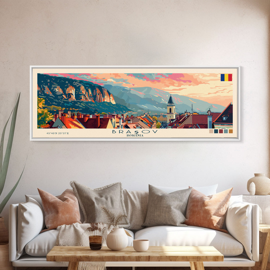 Brasov Romania Panoramic Travel Poster, Framed Canvas Print or Metal Wall Art, Travel Art, Home Decor, Panoramic Painting, Midcentury Art