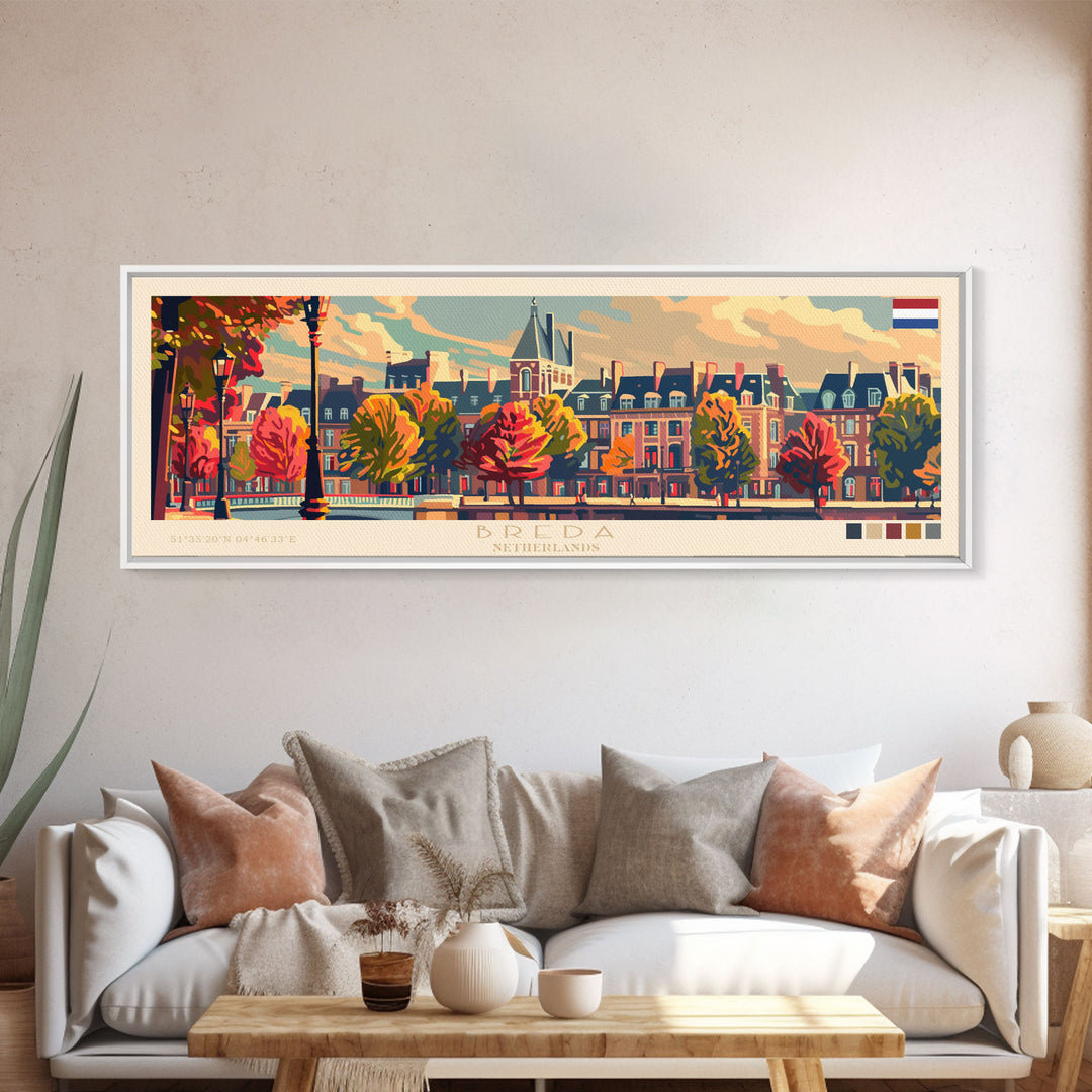 Breda Netherlands Panoramic Travel Poster, Framed Canvas Print or Metal Wall Art, Travel Art, Home Decor, Panoramic Painting, Midcentury Art