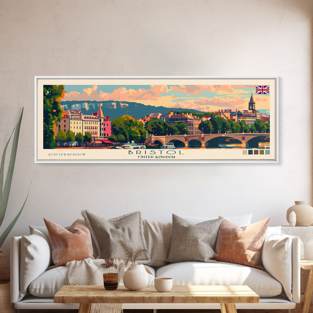 Bristol United Kingdom Panoramic Travel Poster, Framed Canvas Print or Metal Wall Art, Travel Art, Home Decor, Panoramic Painting, Midcentury Art