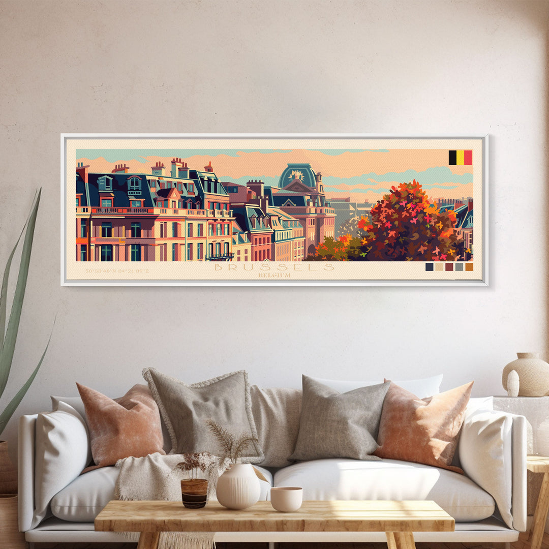 Brussels Belgium Panoramic Travel Poster, Framed Canvas Print or Metal Wall Art, Travel Art, Home Decor, Panoramic Painting, Midcentury Art