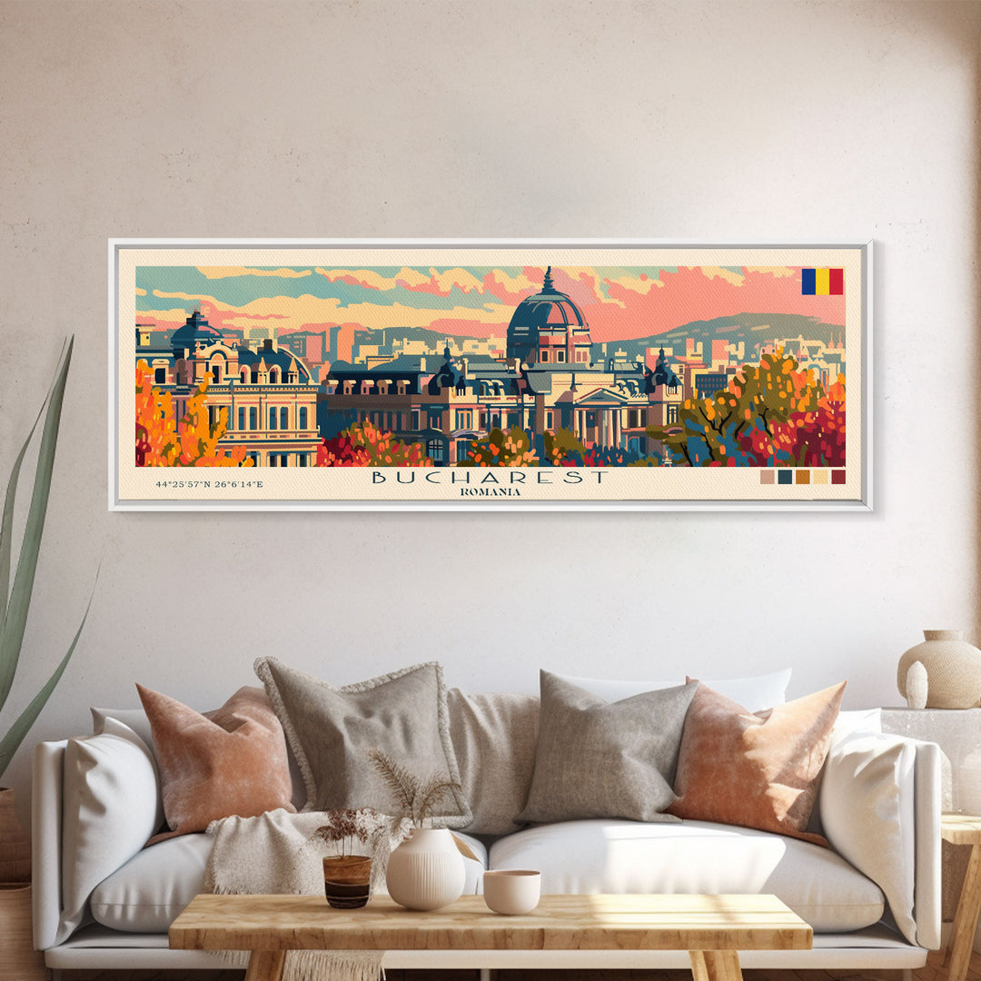 Bucharest Romania Wall Art, Panoramic Travel Poster, Panoramic Framed Canvas Print, City Wall Art, Wall Hanging Home Decor, Travel Art