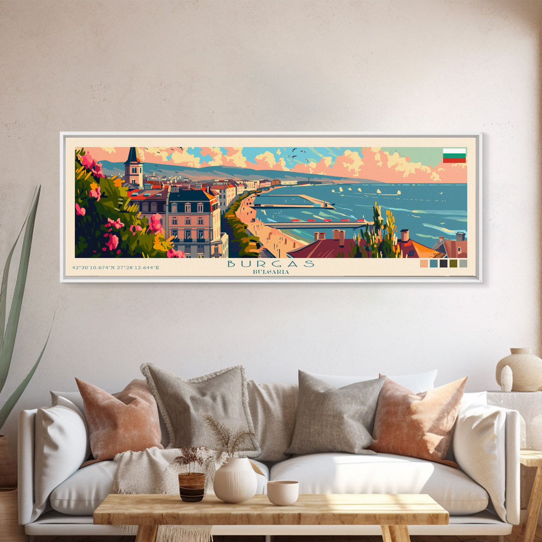 Burgas Bulgaria Panoramic Travel Poster, Framed Canvas Print or Metal Wall Art, Travel Art, Home Decor, Panoramic Painting, Midcentury Art