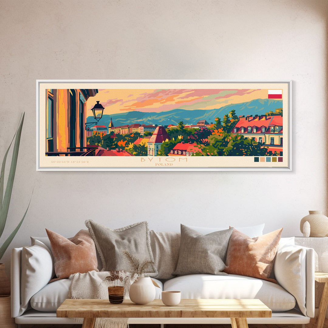 Bytom Poland Panoramic Travel Poster, Framed Canvas Print or Metal Wall Art, Travel Art, Home Decor, Panoramic Painting, Midcentury Art