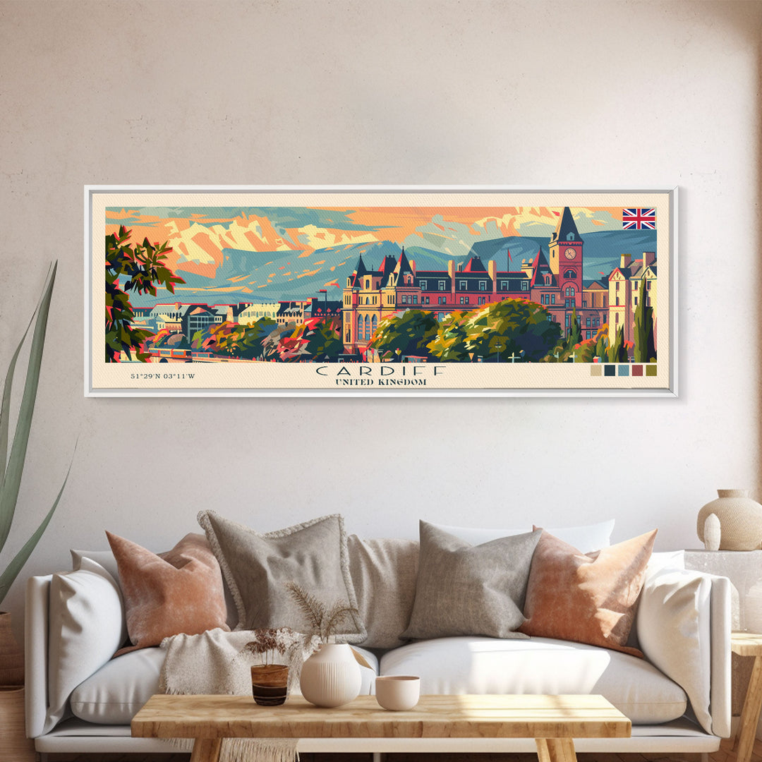 Cardiff United Kingdom Travel Art, City Art, Framed Canvas Print or Metal Wall Art, Europe Travel Poster, Panoramic Wall Art, Extra Wide Wall Art