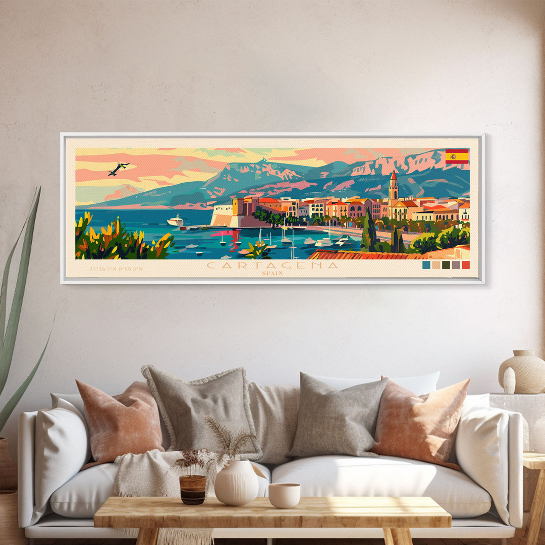 Cartagena Spain Panoramic Travel Poster, Framed Canvas Print or Metal Wall Art, Travel Art, Home Decor, Panoramic Painting, Midcentury Art