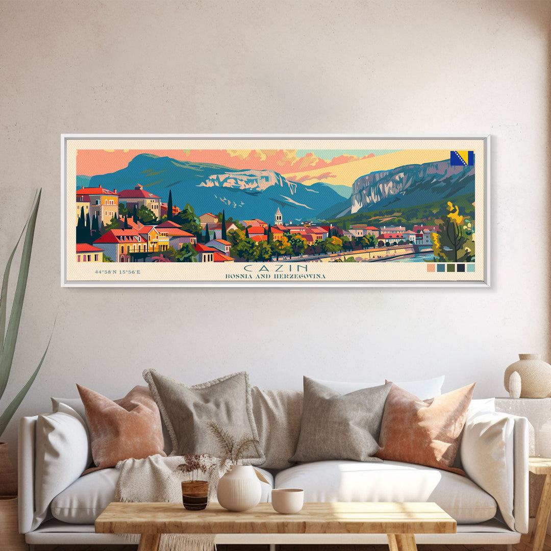 Cazin Bosnia Travel Art, City Art, Framed Canvas Print or Metal Wall Art, Europe Travel Poster, Panoramic Wall Art, Extra Wide Wall Art