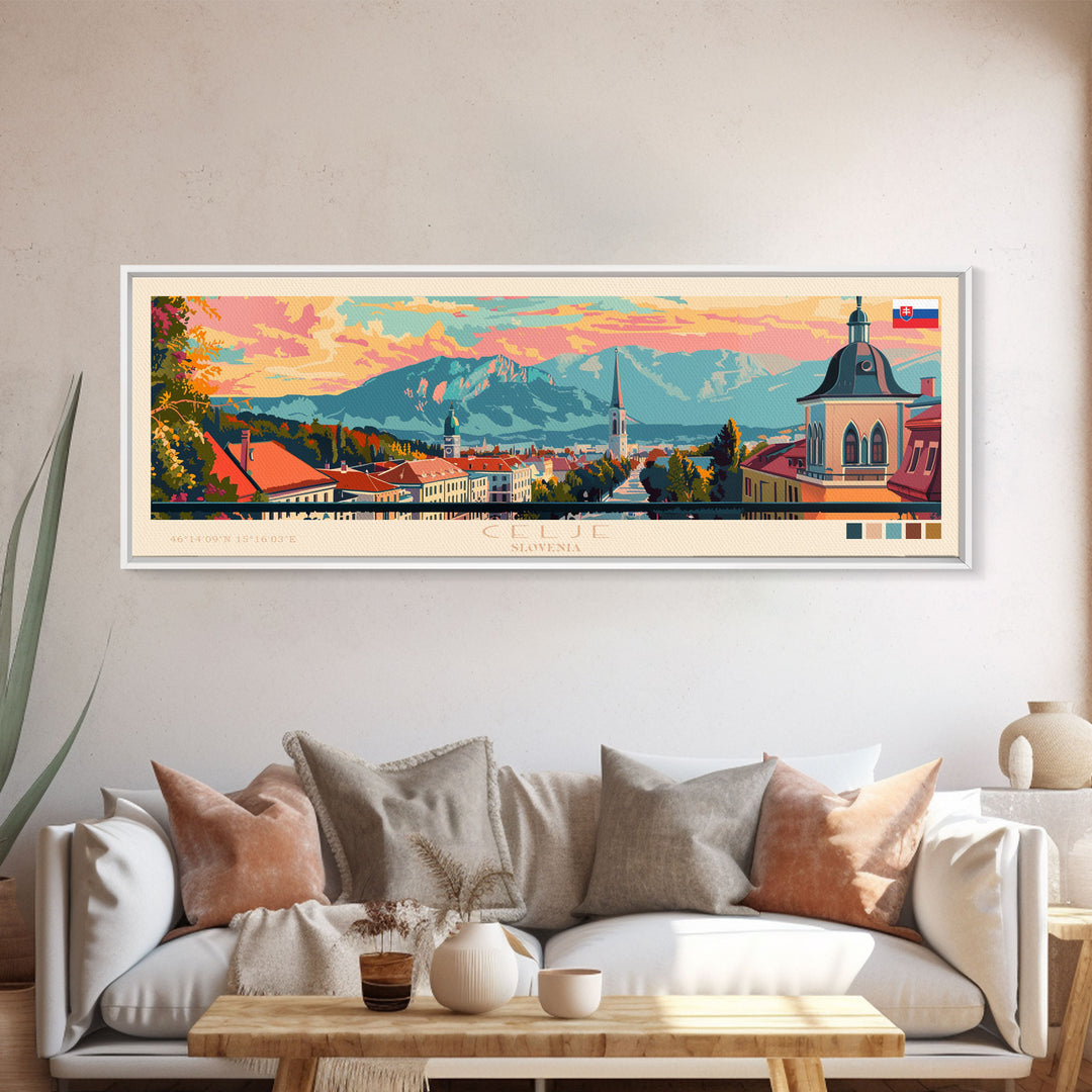 Celje Slovenia Panoramic Travel Poster, Framed Canvas Print or Metal Wall Art, Travel Art, Home Decor, Panoramic Painting, Midcentury Art