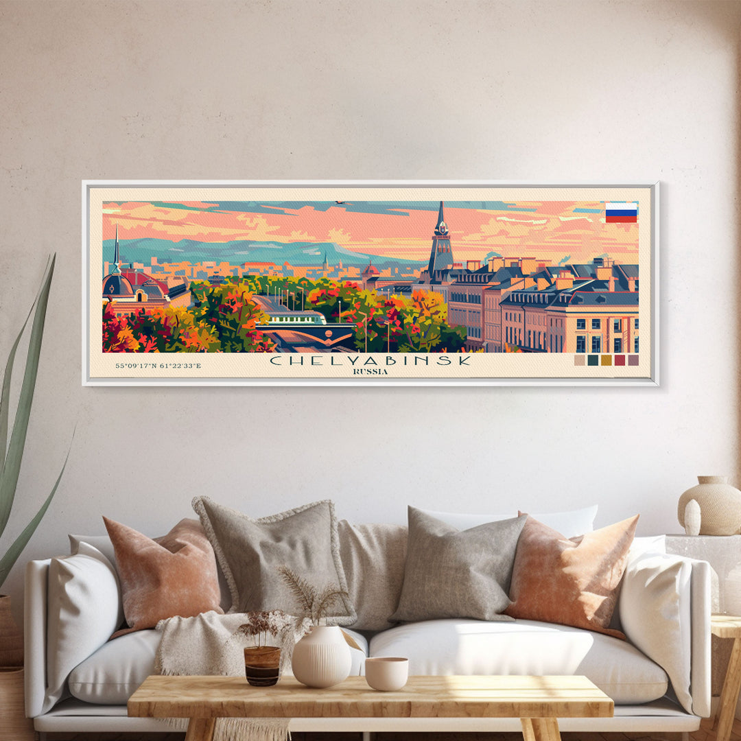 Chelyabinsk Russia Panoramic Travel Poster, Framed Canvas Print or Metal Wall Art, Travel Art, Home Decor, Panoramic Painting, Midcentury Art