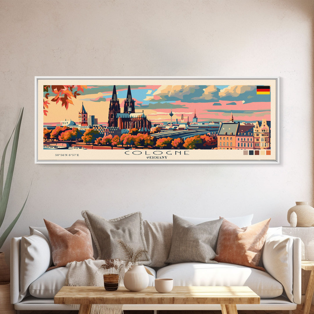 Cologne Germany Panoramic Travel Poster, Framed Canvas Print or Metal Wall Art, Travel Art, Home Decor, Panoramic Painting, Midcentury Art