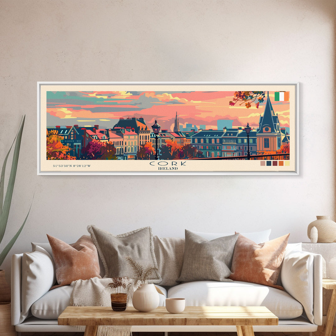 Cork Ireland Panoramic Travel Poster, Framed Canvas Print or Metal Wall Art, Travel Art, Home Decor, Panoramic Painting, Midcentury Art