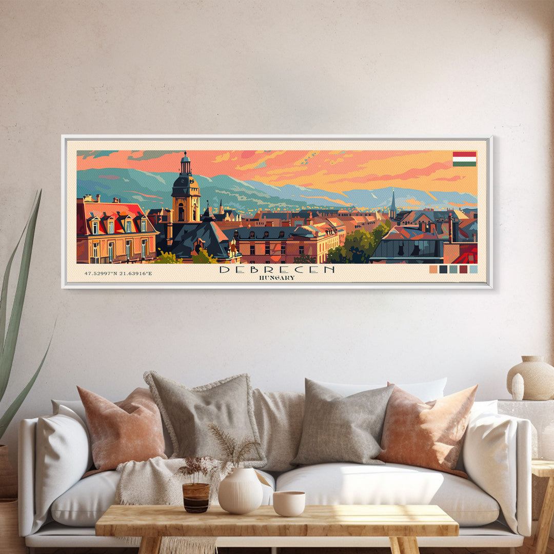 Debrecen Hungary Panoramic Travel Poster, Framed Canvas Print or Metal Wall Art, Travel Art, Home Decor, Panoramic Painting, Midcentury Art