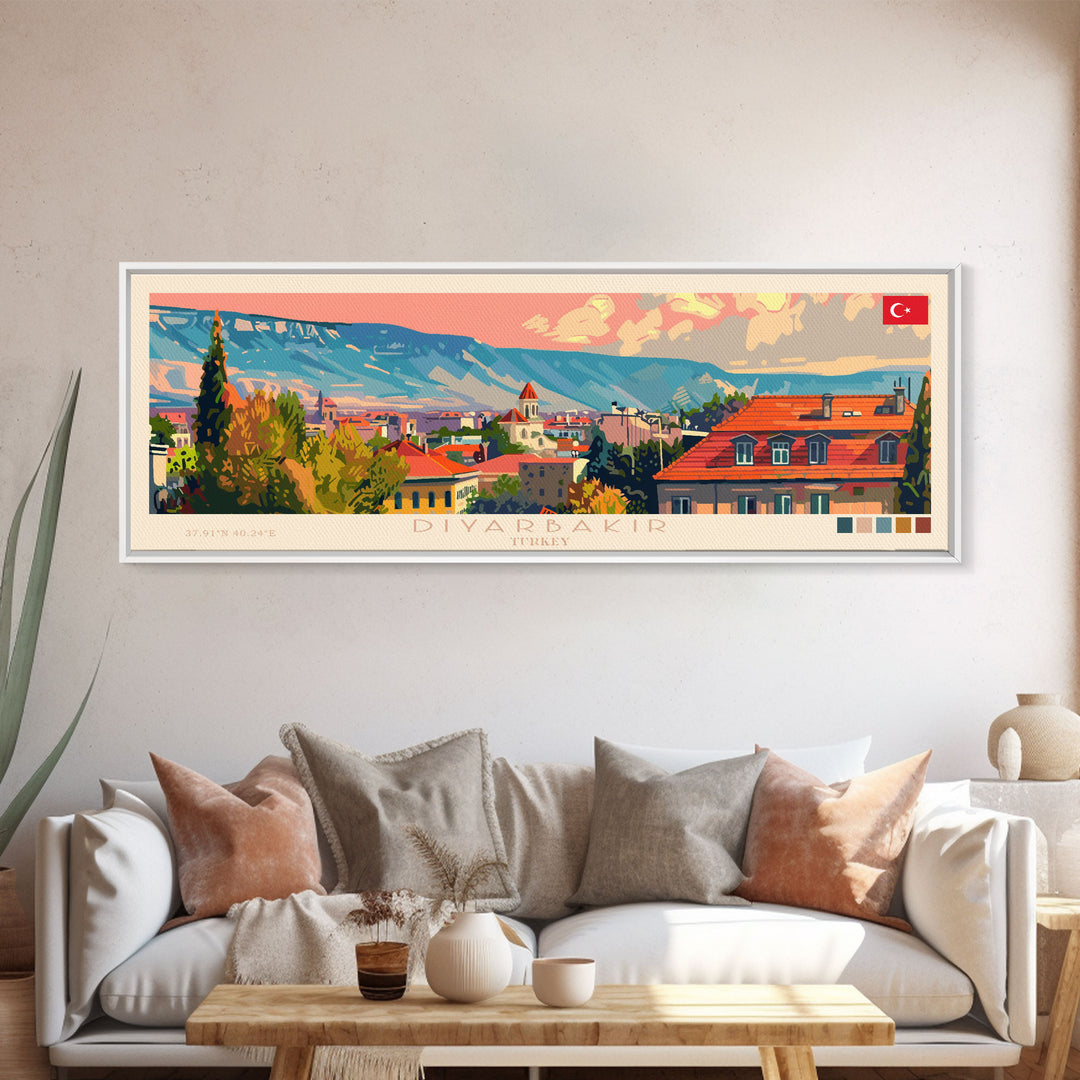 Diyarbakr Turkey Panoramic Travel Poster, Framed Canvas Print or Metal Wall Art, Travel Art, Home Decor, Panoramic Painting, Midcentury Art