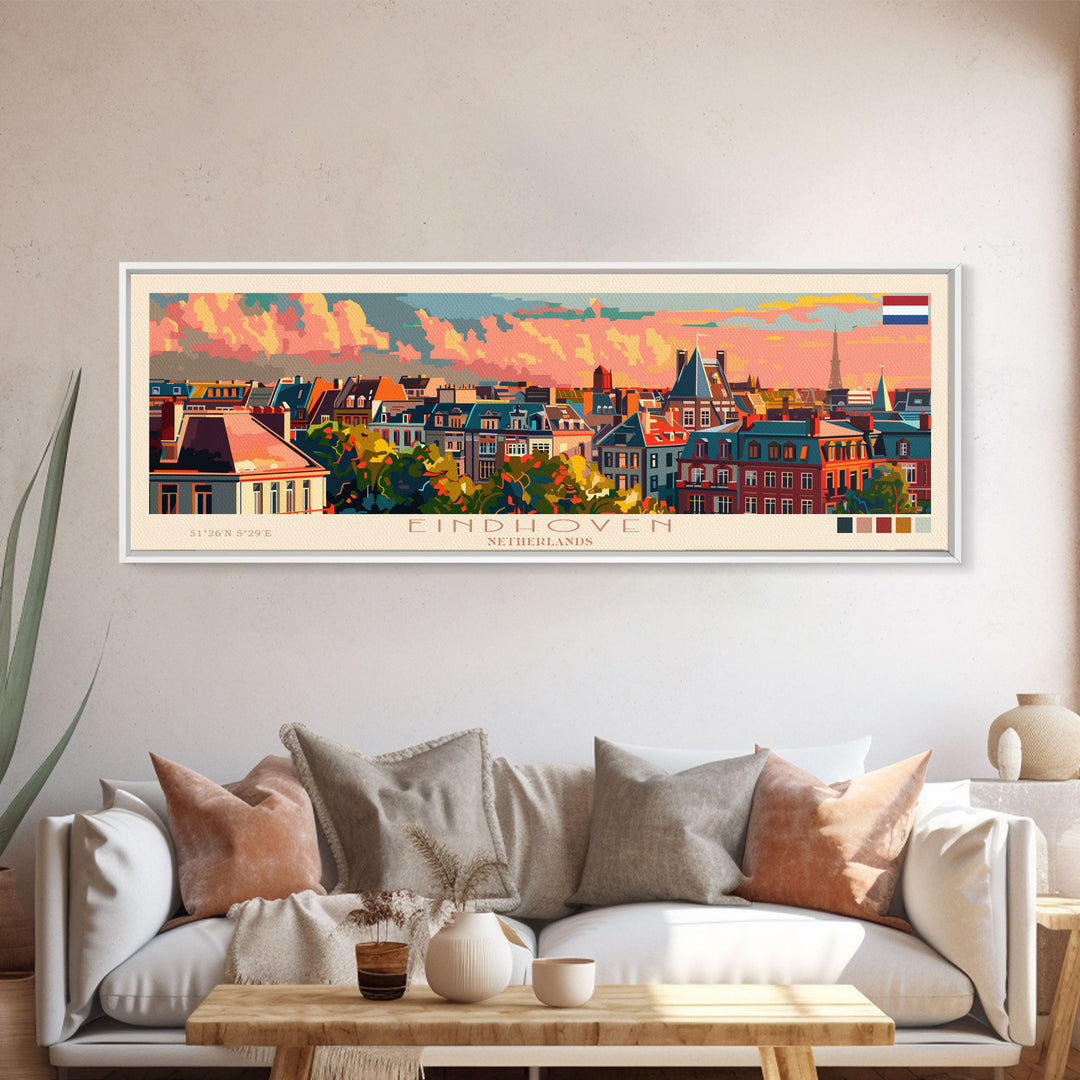 Eindhoven Netherlands Panoramic Travel Poster, Framed Canvas Print or Metal Wall Art, Travel Art, Home Decor, Panoramic Painting, Midcentury Art