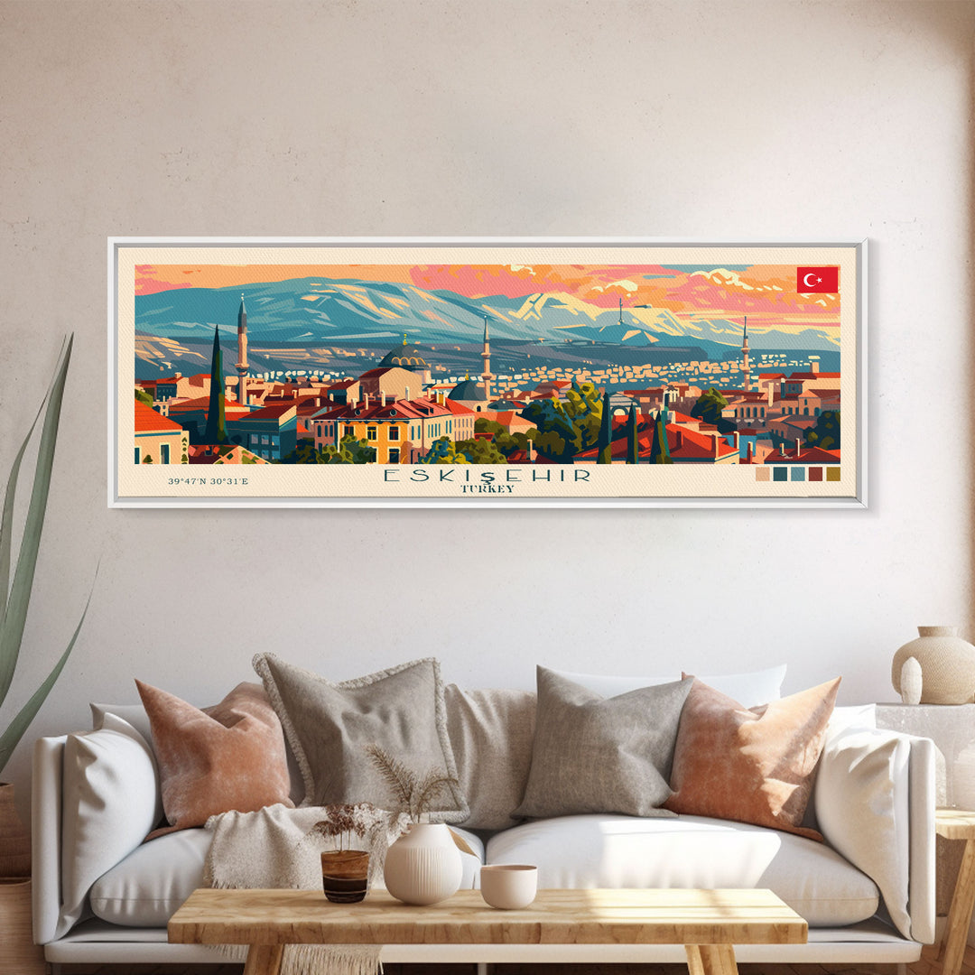 Eskisehir Turkey Panoramic Travel Poster, Framed Canvas Print or Metal Wall Art, Travel Art, Home Decor, Panoramic Painting, Midcentury Art