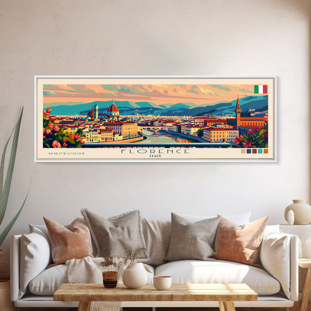 Florence Italy Panoramic Travel Poster, Framed Canvas Print or Metal Wall Art, Travel Art, Home Decor, Panoramic Painting, Midcentury Art