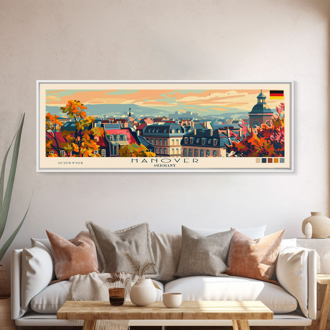 Hanover Germany Panoramic Travel Poster, Framed Canvas Print or Metal Wall Art, Travel Art, Home Decor, Panoramic Painting, Midcentury Art