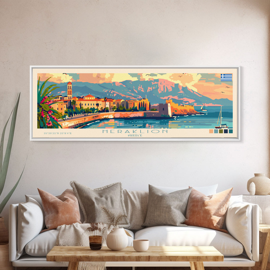 Heraklion Greece Panoramic Travel Poster, Framed Canvas Print or Metal Wall Art, Travel Art, Home Decor, Panoramic Painting, Midcentury Art