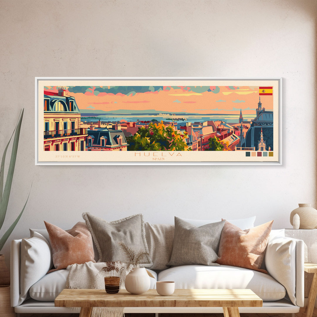 Huelva Spain Panoramic Travel Poster, Framed Canvas Print or Metal Wall Art, Travel Art, Home Decor, Panoramic Painting, Midcentury Art