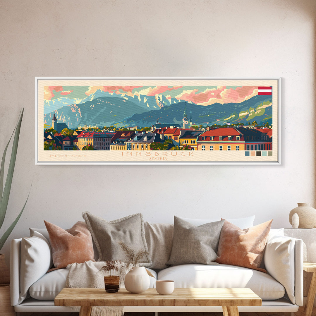 Innsbruck Austria Panoramic Travel Poster, Framed Canvas Print or Metal Wall Art, Travel Art, Home Decor, Panoramic Painting, Midcentury Art