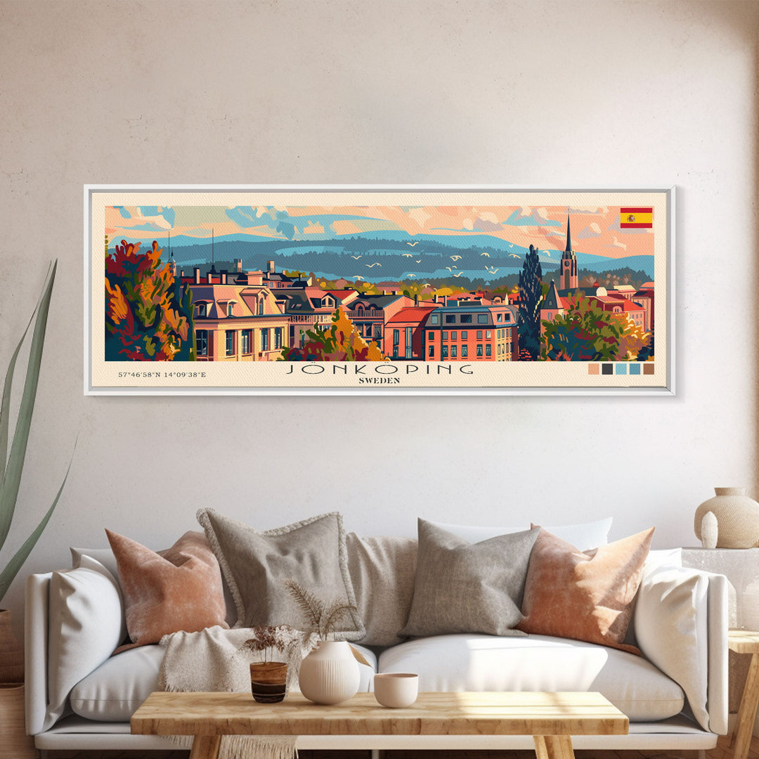 Jonkoping Sweden Travel Print Wall Art, Panoramic City Art, Travel Art, Wall Decor, Vacation Gift, Framed Canvas Print Or Metal Art