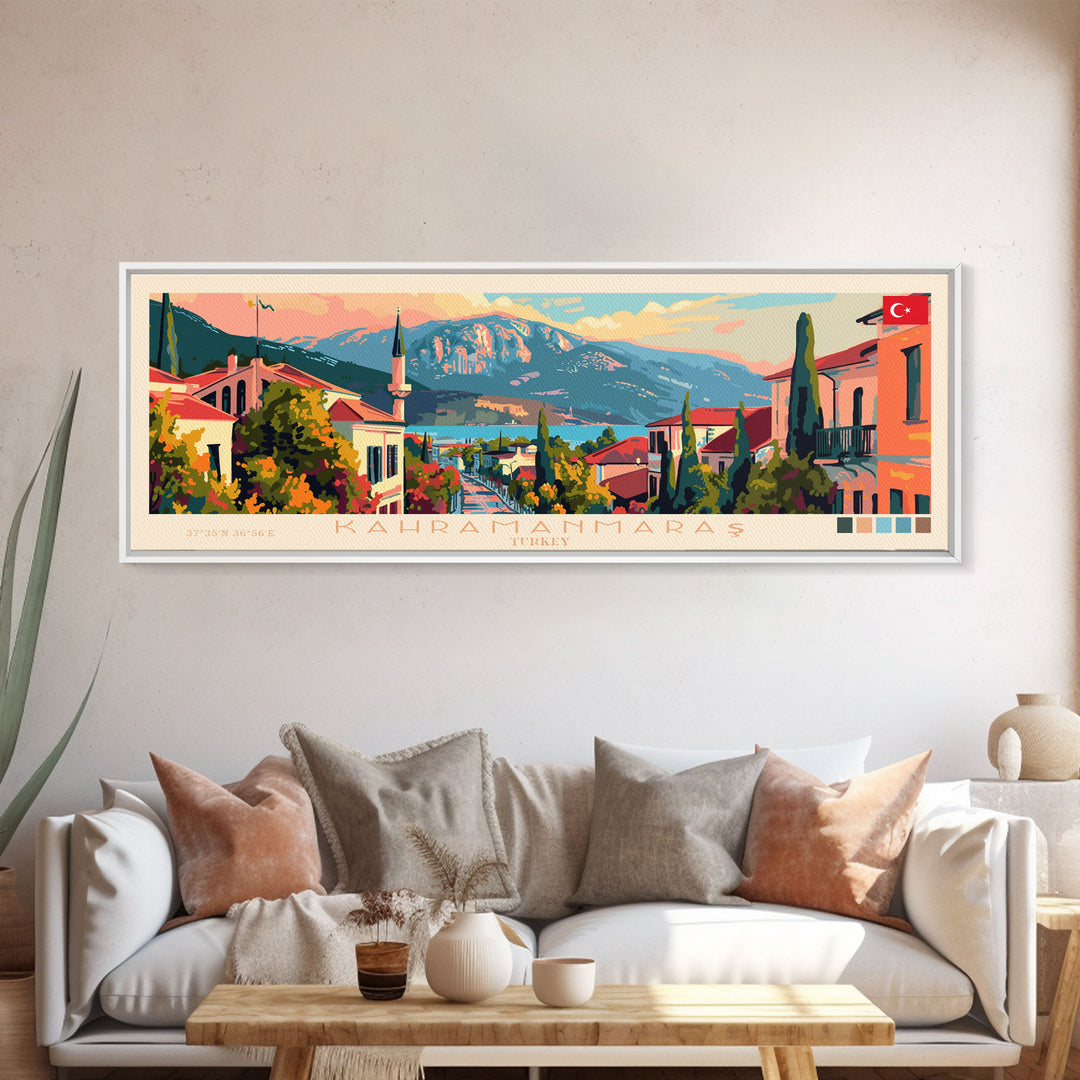 Kahramanmaras Turkey Panoramic Travel Poster, Framed Canvas Print or Metal Wall Art, Travel Art, Home Decor, Panoramic Painting, Midcentury Art