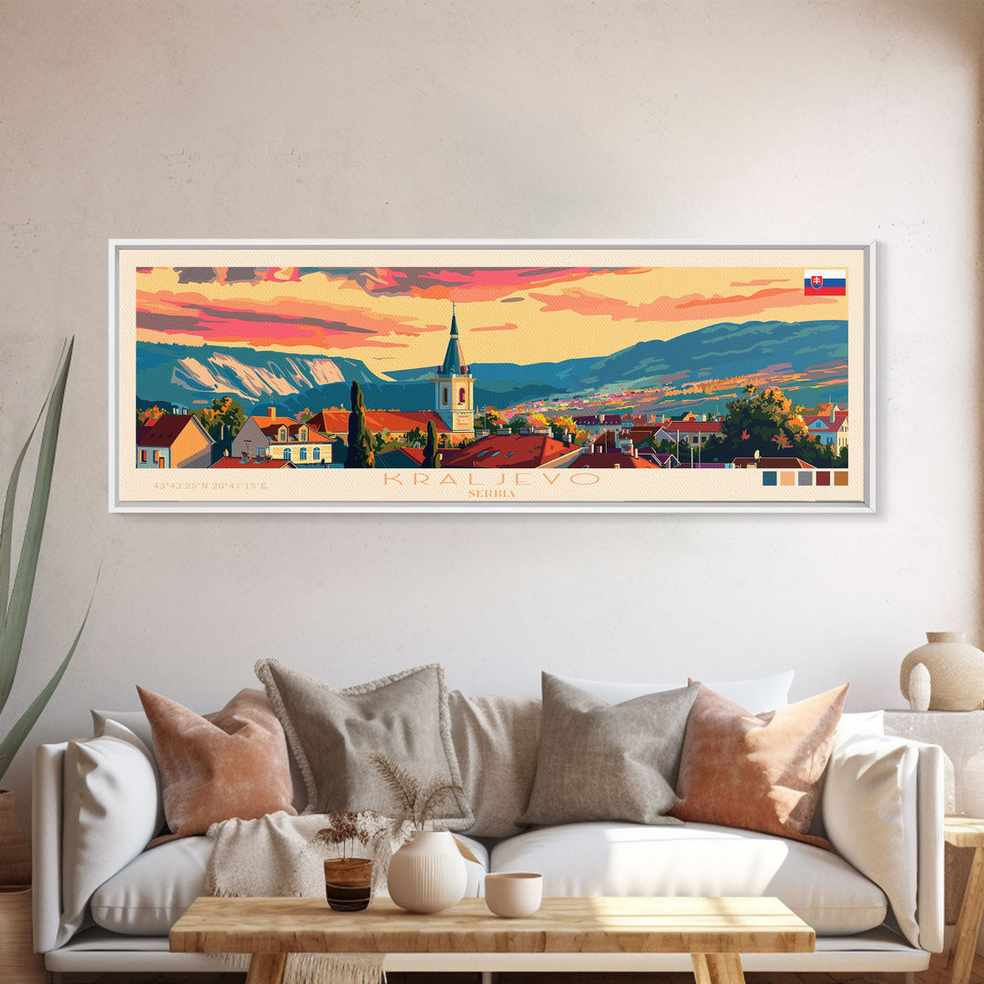 Kraljevo Serbia Panoramic Travel Poster, Framed Canvas Print or Metal Wall Art, Travel Art, Home Decor, Panoramic Painting, Midcentury Art