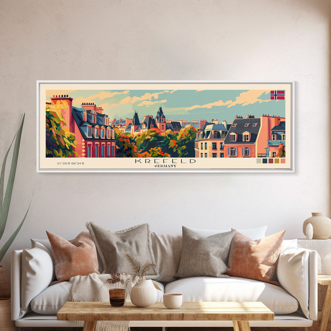 Krefeld Germany Panoramic Travel Poster, Framed Canvas Print or Metal Wall Art, Travel Art, Home Decor, Panoramic Painting, Midcentury Art