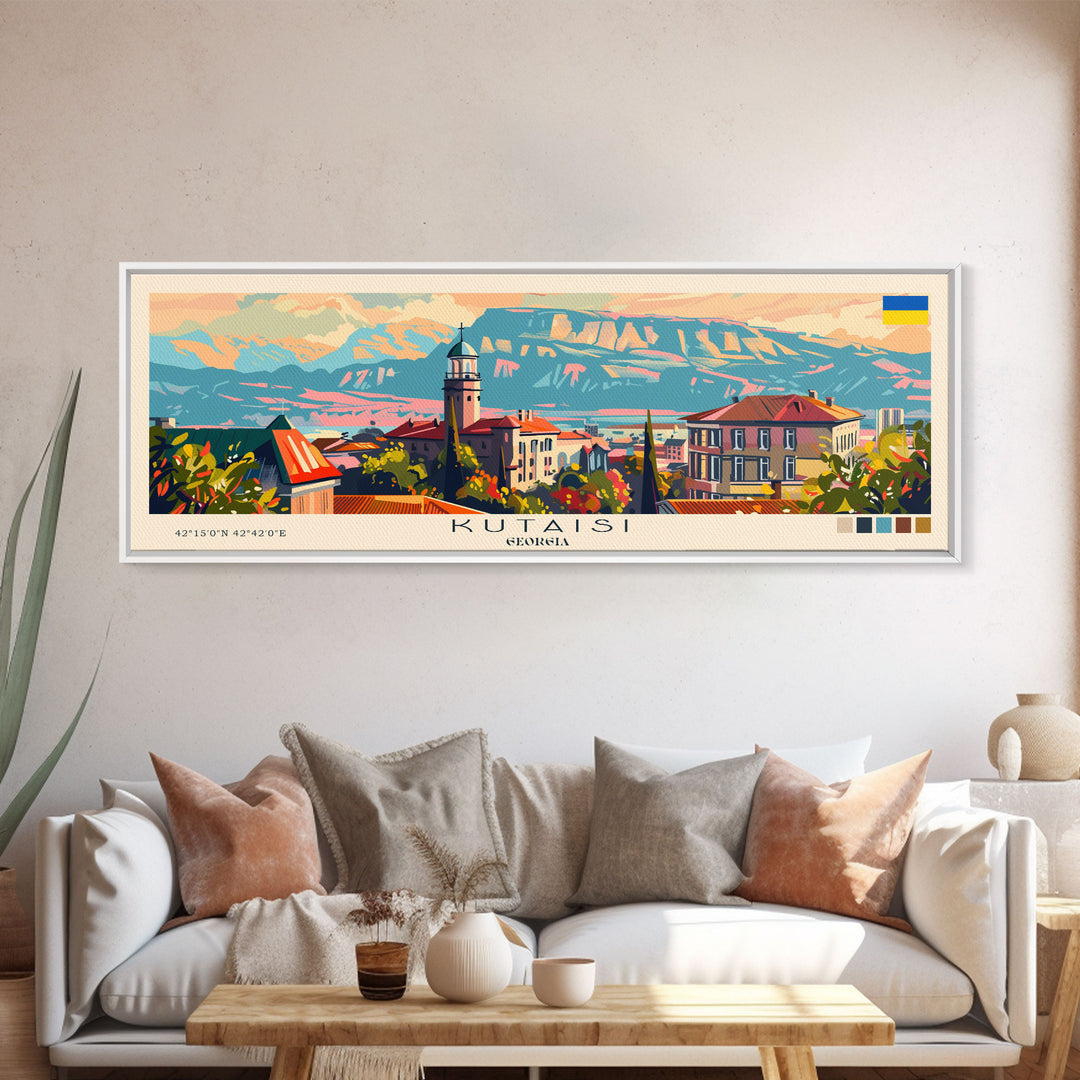 Kutaisi Georgia Panoramic Travel Poster, Framed Canvas Print or Metal Wall Art, Travel Art, Home Decor, Panoramic Painting, Midcentury Art