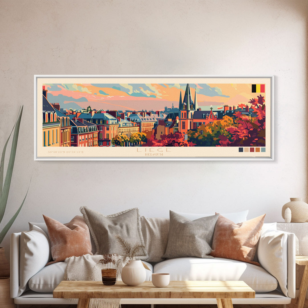 Liege Belgium Panoramic Travel Poster, Framed Canvas Print or Metal Wall Art, Travel Art, Home Decor, Panoramic Painting, Midcentury Art