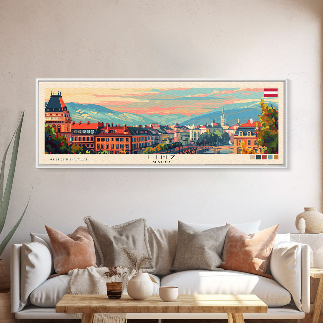 Linz Austria Panoramic Travel Poster, Framed Canvas Print or Metal Wall Art, Travel Art, Home Decor, Panoramic Painting, Midcentury Art