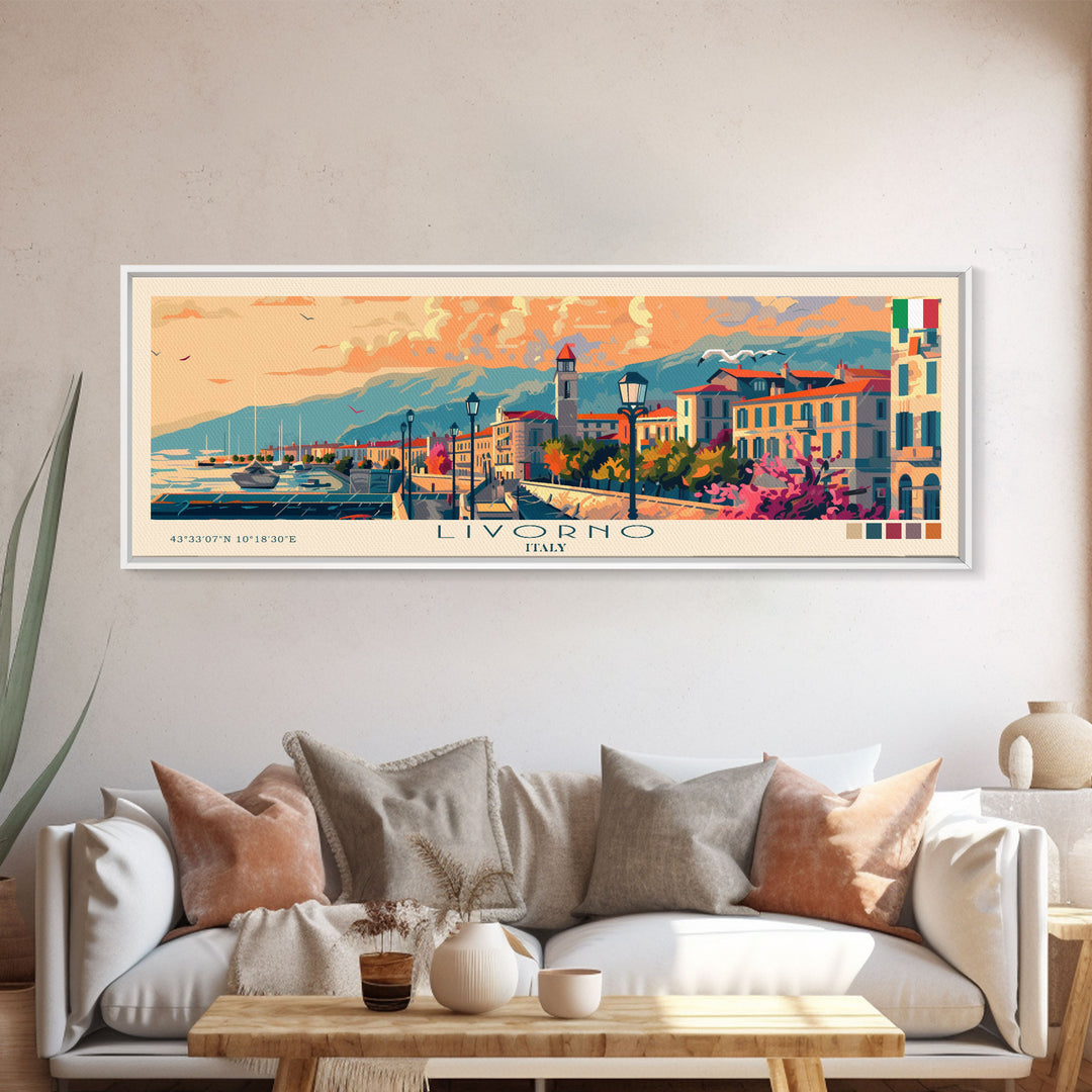 Livorno Italy Panoramic Travel Poster, Framed Canvas Print or Metal Wall Art, Travel Art, Home Decor, Panoramic Painting, Midcentury Art