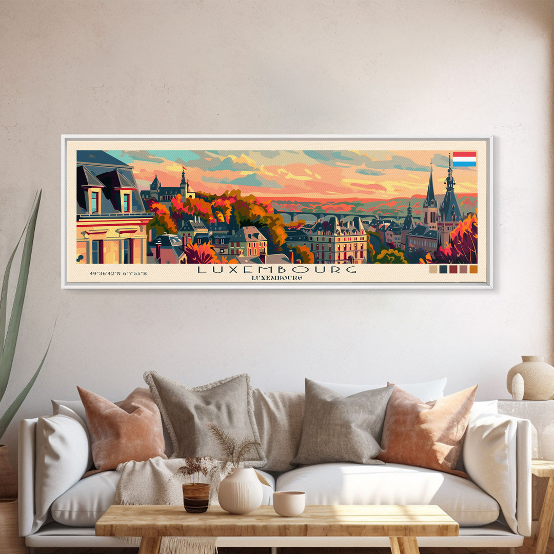 Luxembourg Luxembourg Panoramic Travel Poster, Framed Canvas Print or Metal Wall Art, Travel Art, Home Decor, Panoramic Painting, Midcentury Art