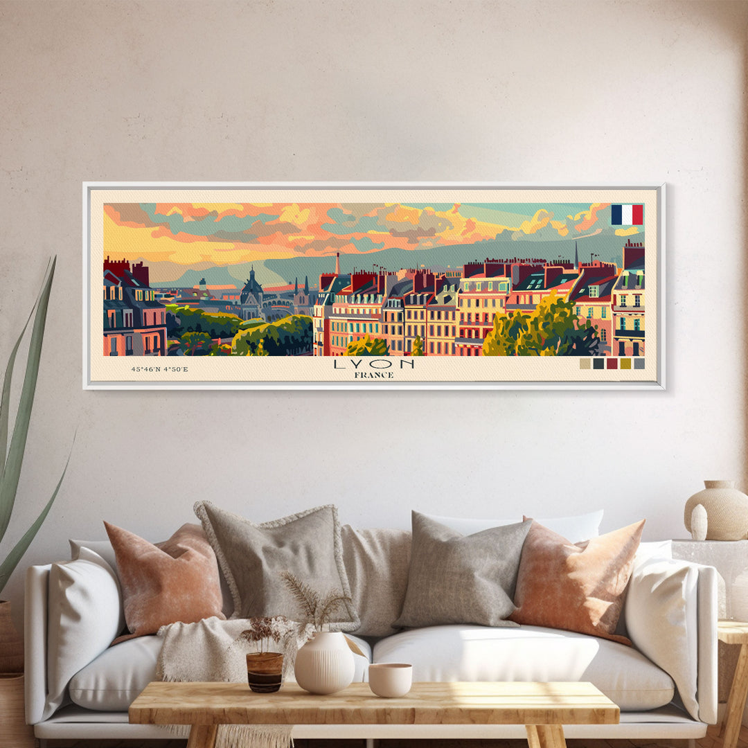 Lyon France Travel Print Wall Art, Panoramic City Art, Travel Art, Wall Decor, Vacation Gift, Framed Canvas Print Or Metal Art