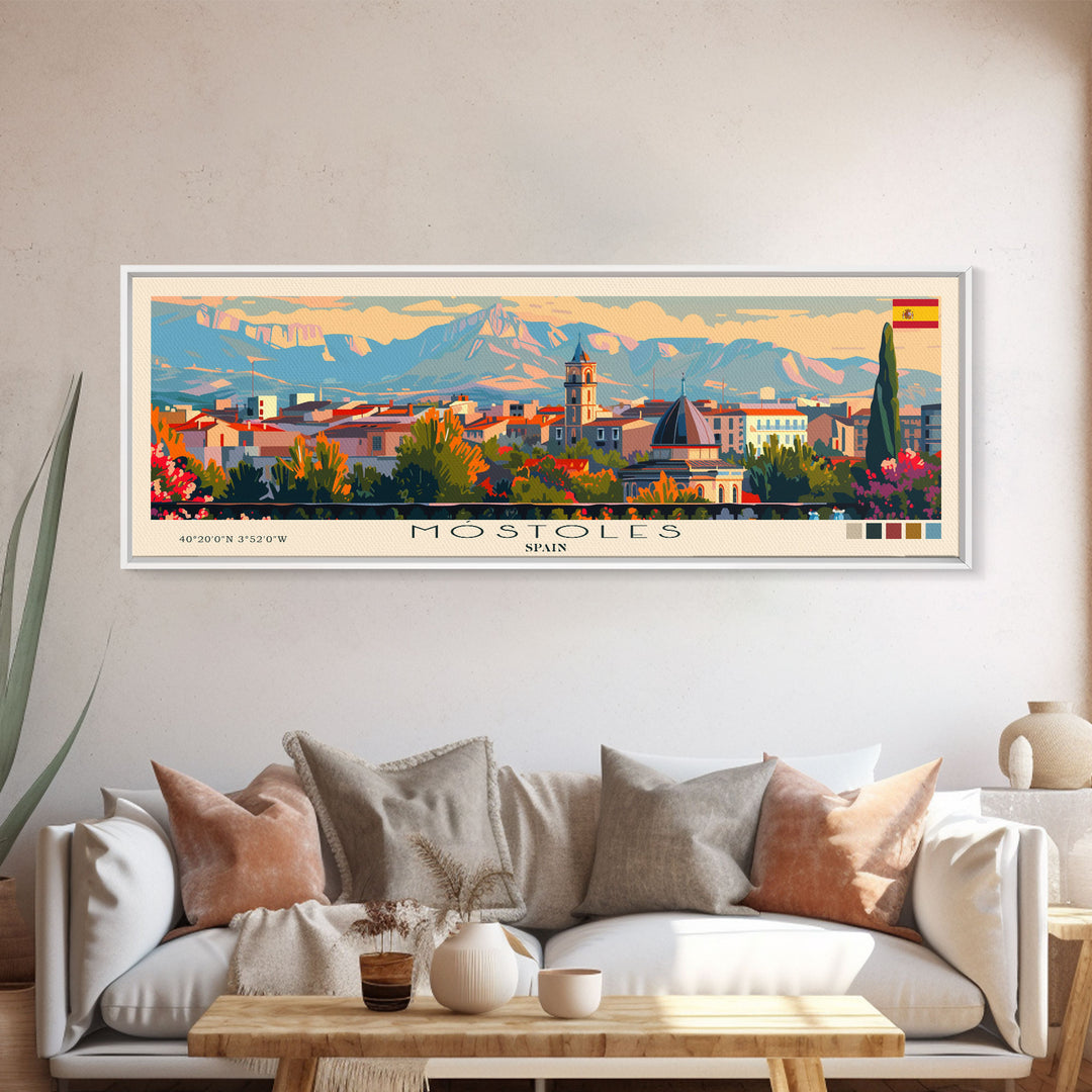 Mostoles Spain Panoramic Travel Poster, Framed Canvas Print or Metal Wall Art, Travel Art, Home Decor, Panoramic Painting, Midcentury Art