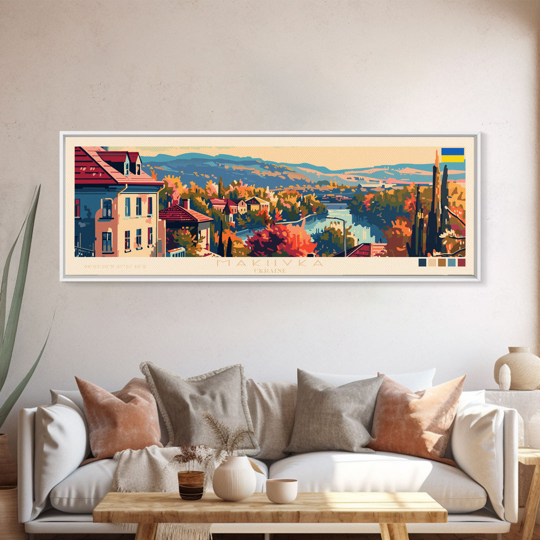 Makiivka Ukraine Panoramic Travel Poster, Framed Canvas Print or Metal Wall Art, Travel Art, Home Decor, Panoramic Painting, Midcentury Art